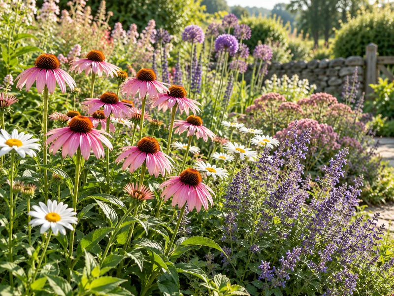 Pink echinacea and purple perennials in a flower border