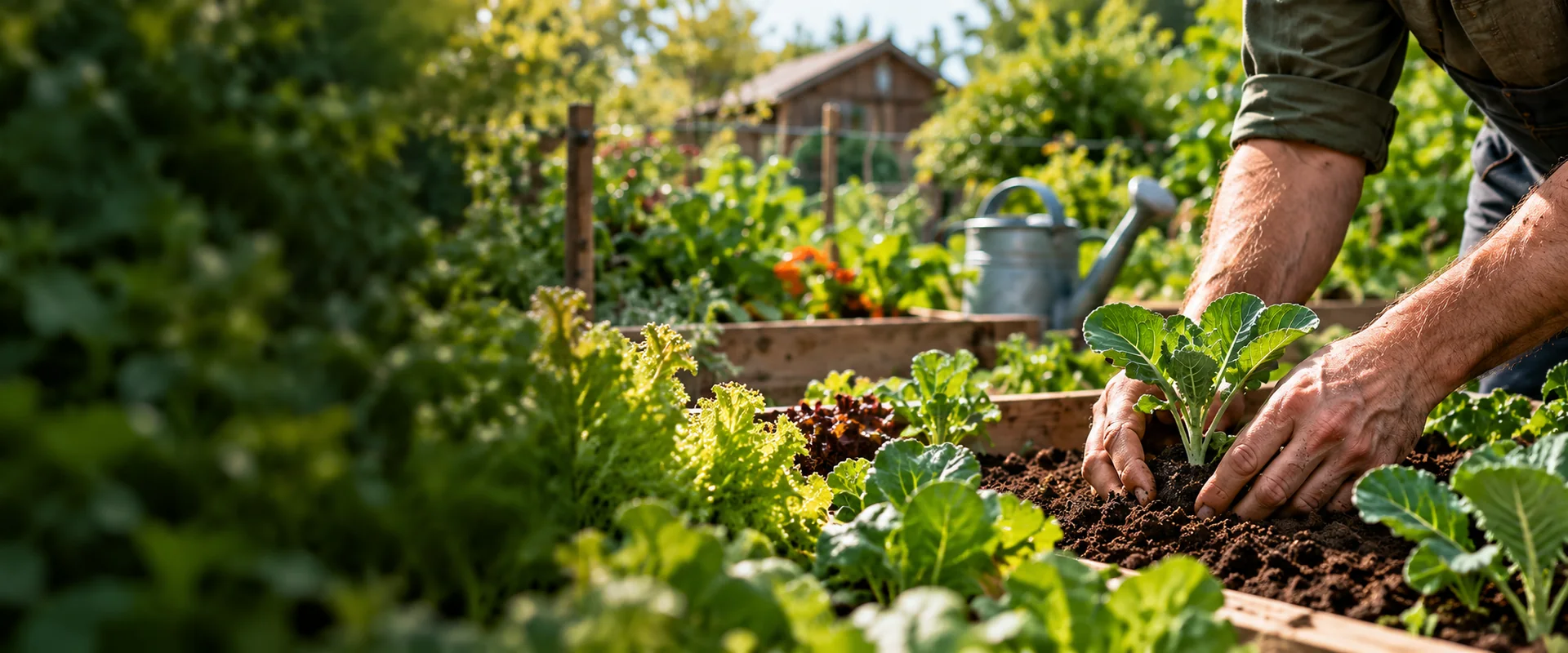 A gardener planting young vegetables in a sunlit raised bed