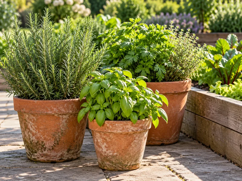 Terracotta pots filled with healthy herbs