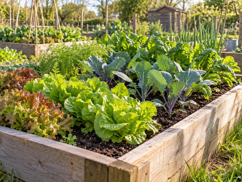 Healthy leafy vegetables growing in a timber raised bed