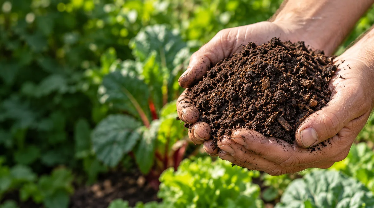 A gardener holding rich, crumbly compost