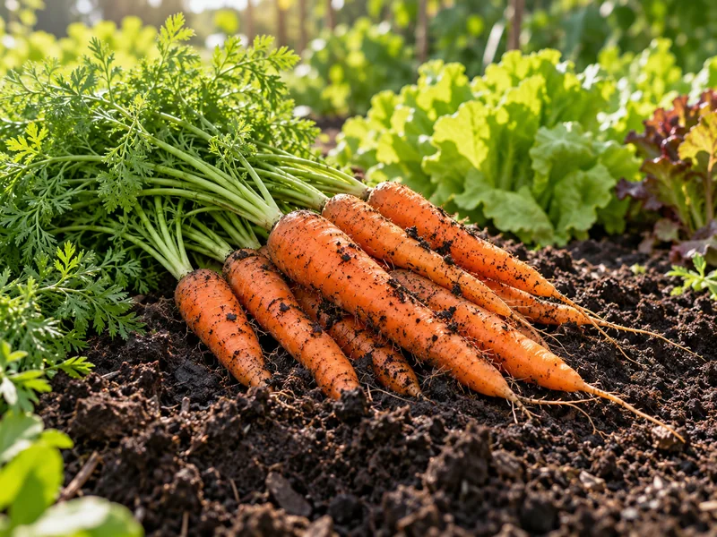 Freshly harvested carrots in a vegetable garden